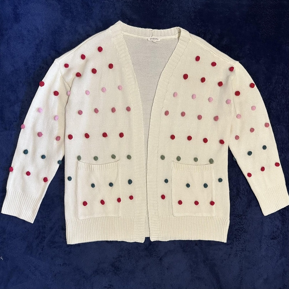 Jodifl Womens S Ivory Multicolor Pom Pom Bobble Whimsical Open Front Cardigan